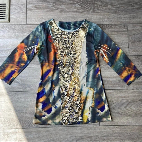 Cartise Cut Out Shoulder Tie Dye Sequins Stretchy Tunic - Picture 5 of 15